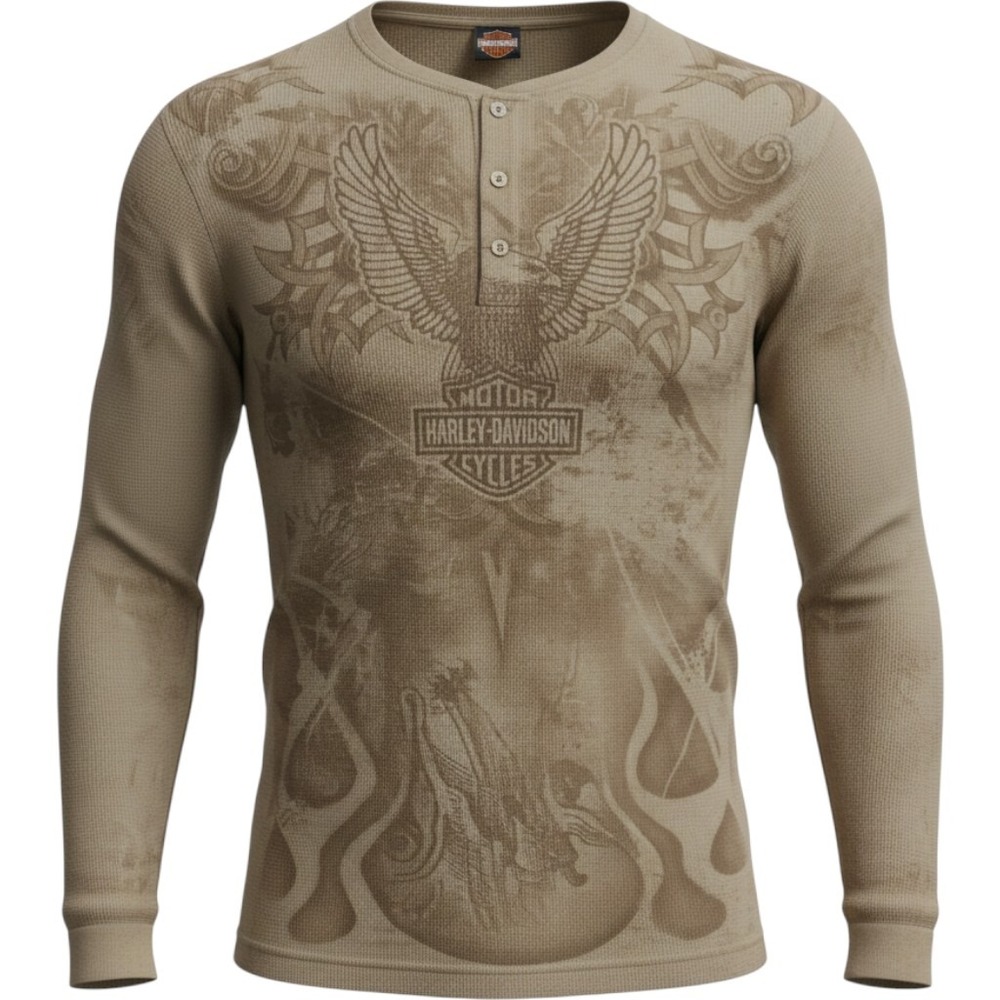 Harley-Davidson Mens Eagle Graphic Waffle Knit Thermal Shirt Tan Brown 2XL